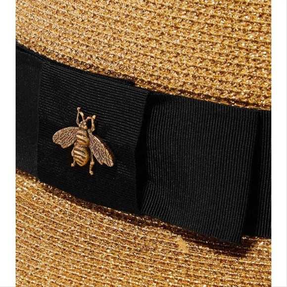 GUCCI Papier lame bee embellished grosgrain metallic straw hat large - Picture 3 of 6